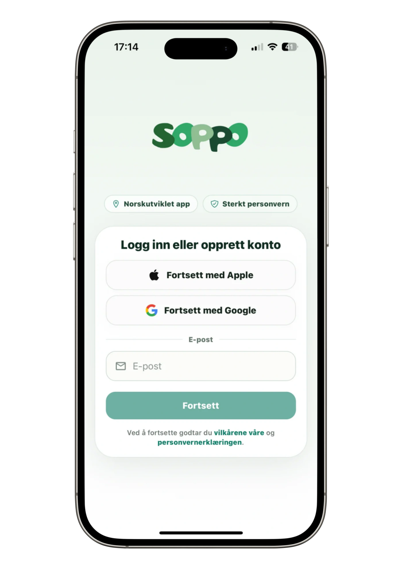 Innloggingsskjermen i Soppo med valg for Apple, Google og e-post.