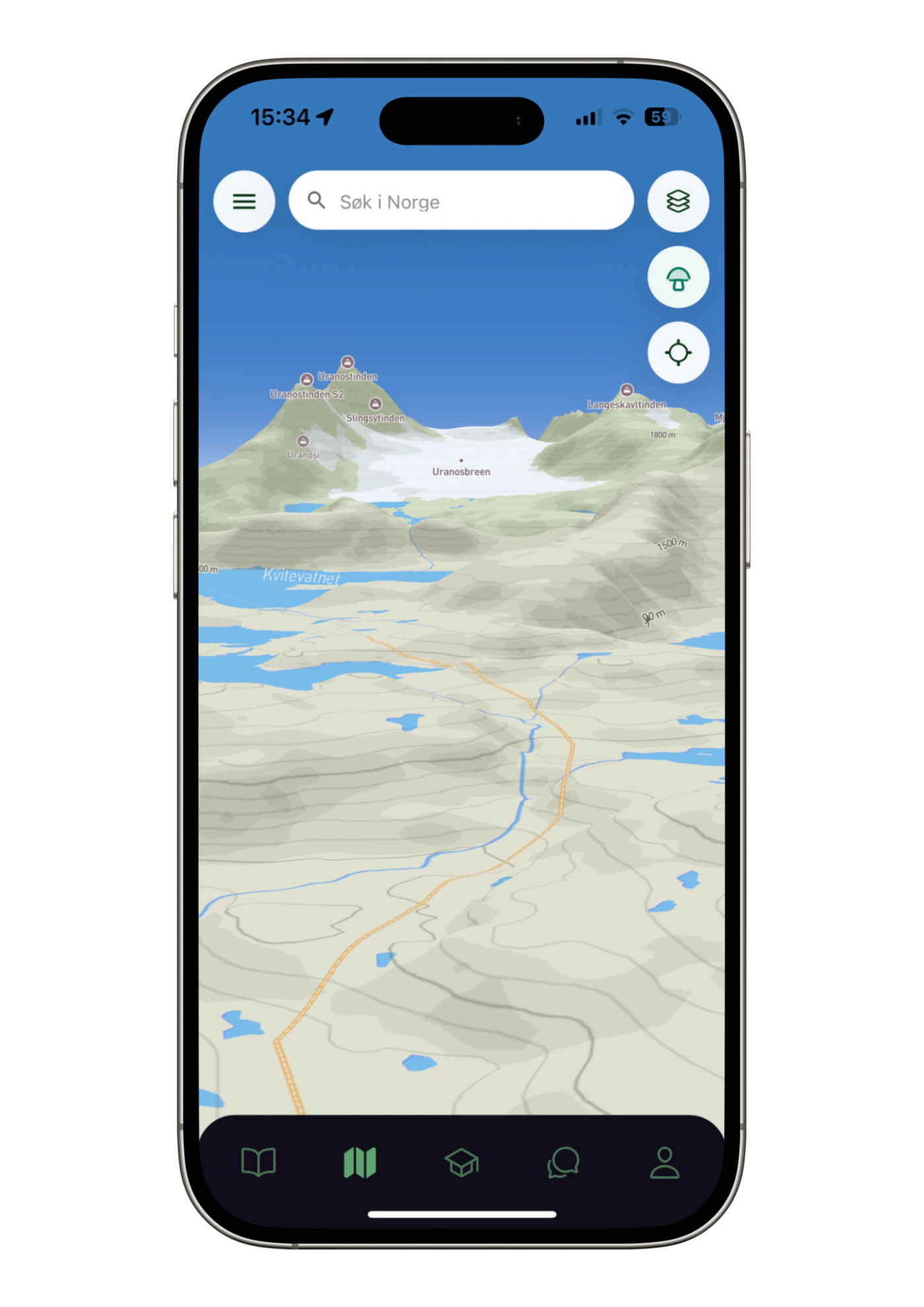 Soppos 3D-kart med fjelltopper, høydekurver og Uranosbreen.